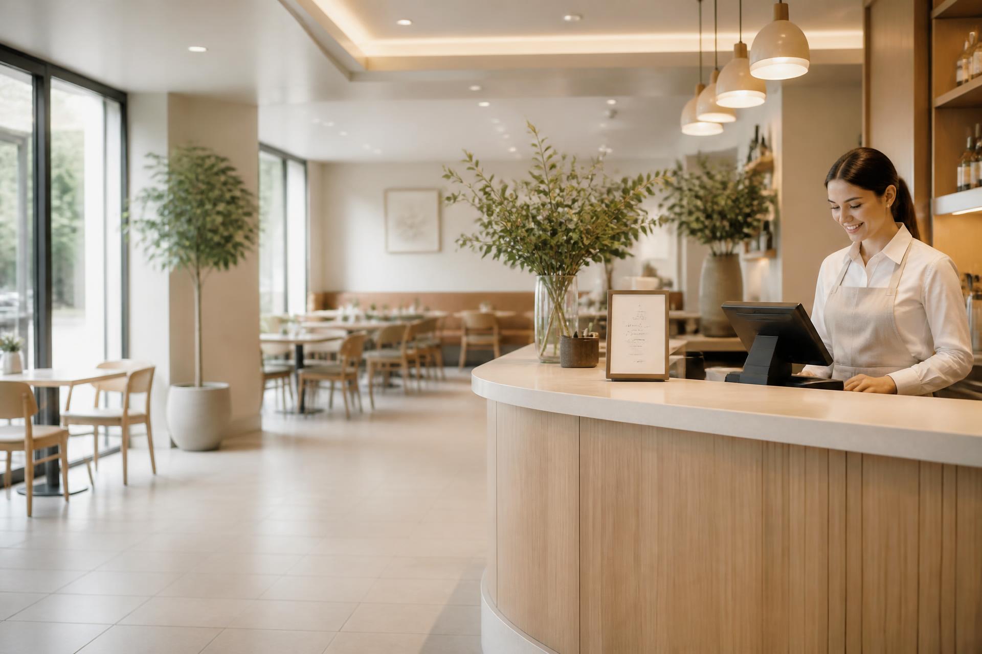 Bright, modern food and beverage service counter with a staff member at the point of sale